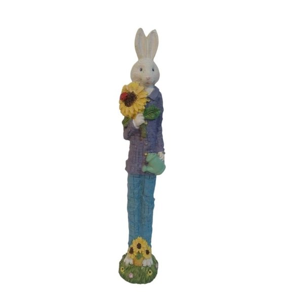 World Bazaars Male Bunny Rabbit 12" Ceramic Figurine Holding Green Flower Pot - Picture 8 of 10